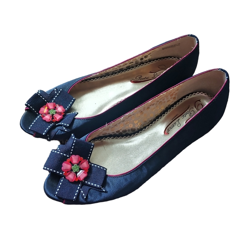 Poetic License Blue Open Toe Retro Bow Detail Navy Blue Flats Size 8